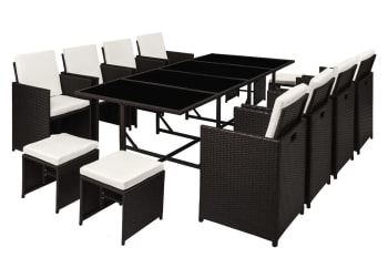 Florida - Table et chaises 12 places en résine tressée noir et blanc