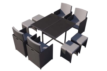 Florida - Table et chaises 8 places en résine tressée noir et gris