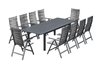 Berana - Table de jardin extensible 10 places et 10 fauteuils en alu