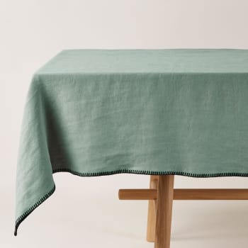 Nino - Nappe rectangulaire en lin Vert de gris et feston noir 140x320 cm