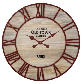 HORLOGE RONDE EN BOIS ET MÉTAL ROUILLÉ - Horloge ronde en bois et métal rouillé 70cm