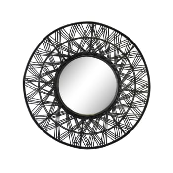 MIROIR ROND ETHNIQUE - Miroir rond en rotin noir 80cm
