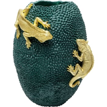 Chameleon - Vase texturé caméléons dorés en polyrésine verte et dorée H39