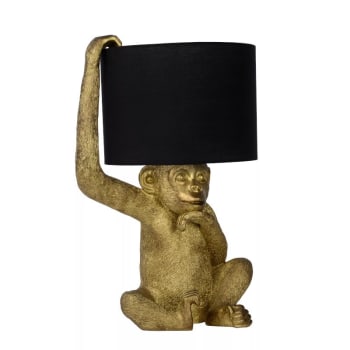 Extravaganza chimp - Lámpara de mesa dorada con forma de mono y pantalla de tela negro