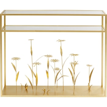 Flower meadow - Console en verre et acier doré fleurs en relief
