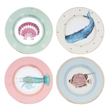 ANIMAUX MARINS - Assiettes en porcelaine animaux marins D20cm - Lot de 4