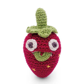 Hochet mini fraise souriante en coton bio rouge