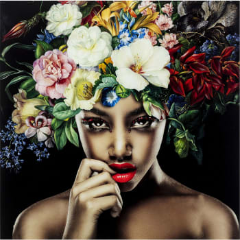 Pretty flower woman - Tableau en verre femme fleurs tropicales 100x100cm Kare Design