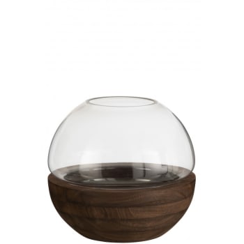 BOIS - Vase rond bois/verre marron foncé H22,5cm