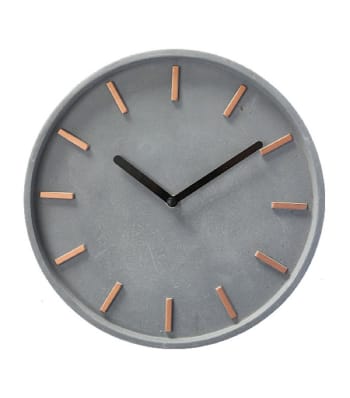 CIMENT - Horloge murale ronde en ciment gris et métal cuivre D28