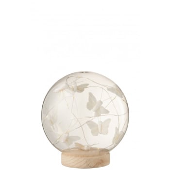 PAPILLONS - Campana bola led mariposas cristal/madera blanco/natural Alt. 16 cm
