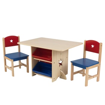 Table rangement enfant bois naturel et bacs rouge et bleu