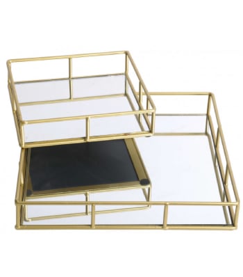 MIROIR - Set de 2 plateaux en métal doré et miroir carrés 30x30x5cm