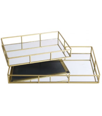MIROIR - Set de 2 plateaux en métal doré et miroir rectangulaires 40x25x5cm