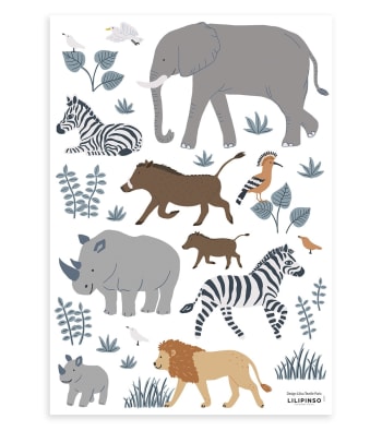 TANZANIA - Planche de stickers animaux de la jungle multicolore