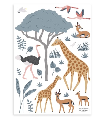 TANZANIA - Planche de stickers animaux sauvages multicolore