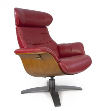 VEGA - Fauteuil relax en cuir rouge et bois chêne naturel