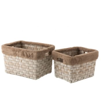 FOURRURE - Set de 2 cestas rectangular+piel imitación ratán marrón