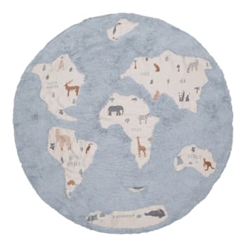 World map - Tapis enfant en coton lavable bleu 140x140