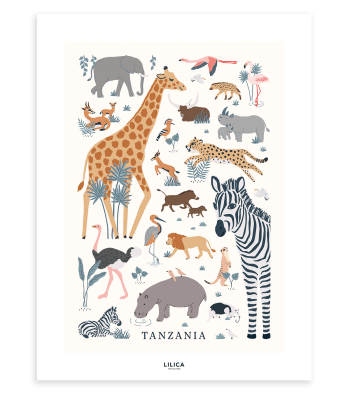 TANZANIA - Affiche animaux sauvages 30 x 40 cm