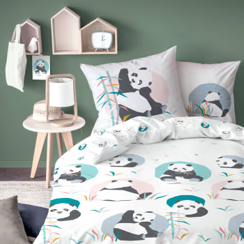 Panda - Parure de lit imprimée en coton Blanc 140x200+63x63cm