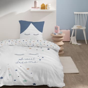 Sweet dreams - Parure de lit imprimée en coton Blanc, Bleu Gris 140x200+63x63cm