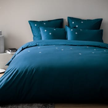 Douce nuit - Housse de couette brodée en percale de coton BIO Bleu Paon 260x240cm