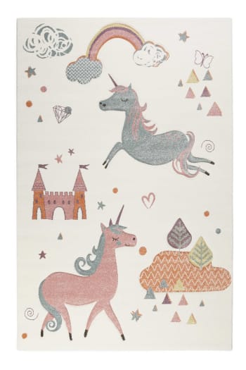 Sunny unicorn - Weißer pflegeleichter Kinderteppich mit Einhorn Motiv 160x225