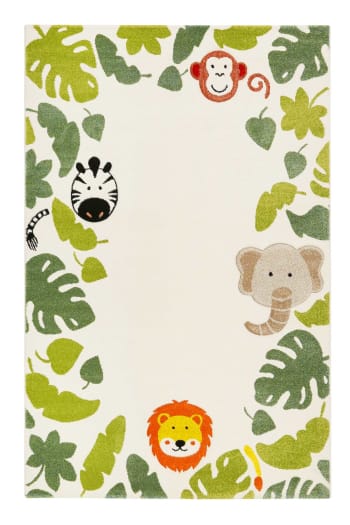 E-safari - Alfombra tejida blanca con animales de la jungla 160x225