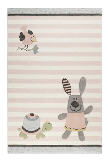 Happy friends - Alfombra para los niños, con rayas y diseño de animales pastel 80x150