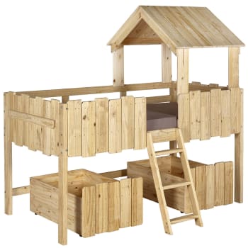 Donnie - Cama casita con cajones y colchón madera maciza  natural 90x190 cm
