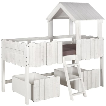 Donnie - Cama casita con cajones y colchón madera maciza  blanco 90x190 cm