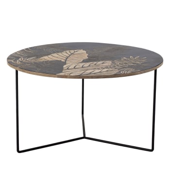 Lac - Table basse ronde en bois motif floral D80cm noir