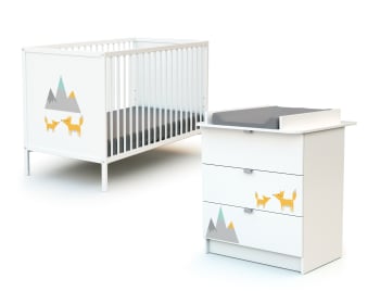 Chambre bébé lit et commode à langer en bois Renard Blanc