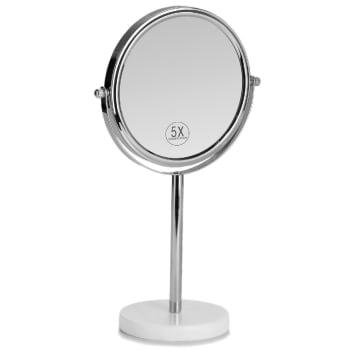 MARBRE - Miroir grossissant x5 en métal chromé et base ronde en marbre blanc