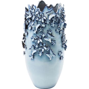Vase papillons et fleurs en grès bleu H50