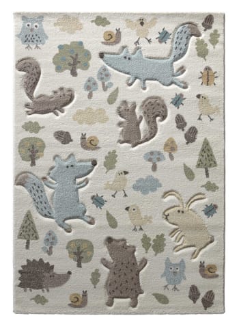 Forest - Kuscheliger Kinderteppich beige blau mit Tier Muster, robust 80x150