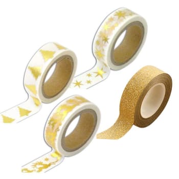 3 cintas adhesivas de navidad blanco y oro + masking tape dorado con