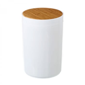 BAMBOU - Poubelle de salle de bain en plastique blanc et bambou 5L