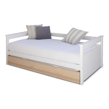 Izao - Pack lit gigogne avec 2 matelas bois massif blanc et bois 90x190 cm
