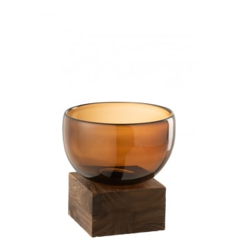 VERRE - Vase sur pied large bois et verre marron H17,5cm