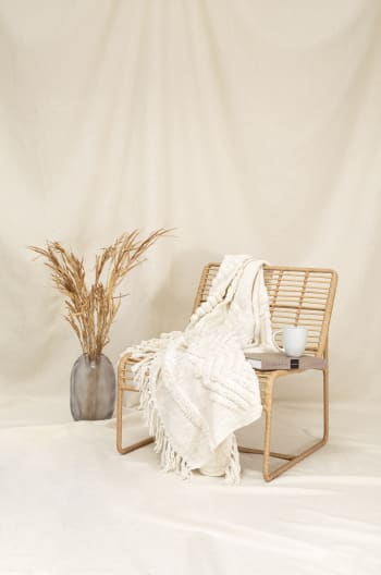 Adara - Plaid coton beige avec relief et franges à pompons 170x130
