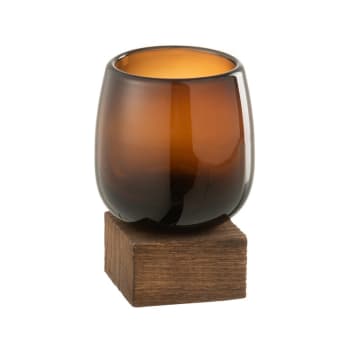 VERRE - Vase haut sur pied en bois et verre marron H14cm