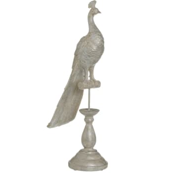 PAON - Statuette paon de décoration blanc patiné or et argent