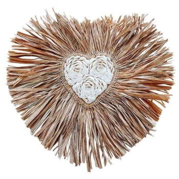 RAPHIA - Cœur decoratif en raphia et coquillages 40x40 cm