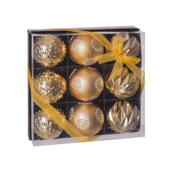 OR - Set de 9 boules de Noël dorées taillées 8cm