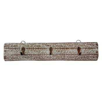 NORA - Perchero de madera tallada beige con 3 ganchos 60 cm