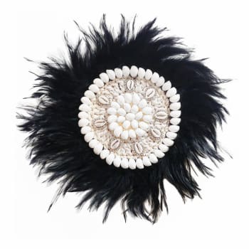 BALIRA - Décoration en plumes et coquillages, noir/ blanc D30 cm
