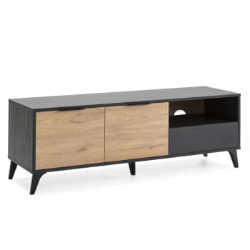 KOLN - Mueble tv 2 puertas y 1 cajón, color negro y madera, 136,5x40x48,5 cm