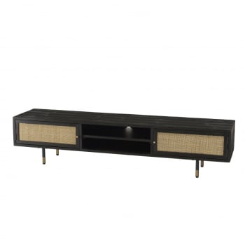 Yanis - Mueble tv de madera de pino negro con 2 estantes y 2 puertas de ratán